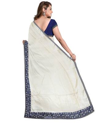Off white embroidered silk blend saree with blouse 2