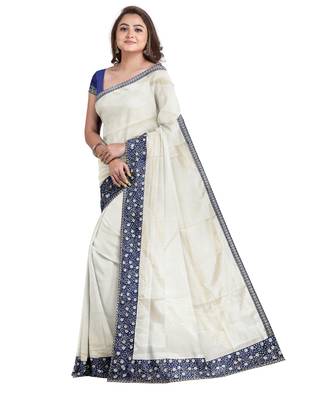 Off white embroidered silk blend saree with blouse 3