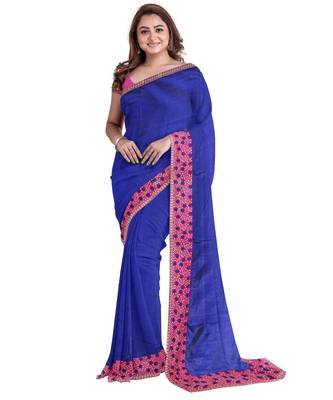 Blue embroidered silk blend saree with blouse 1