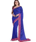 Blue embroidered silk blend saree with blouse
