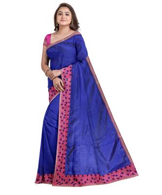 Blue embroidered silk blend saree with blouse 3