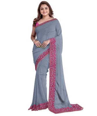 Grey embroidered silk blend saree with blouse 1