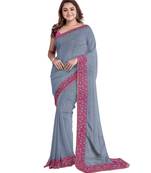 Grey embroidered silk blend saree with blouse