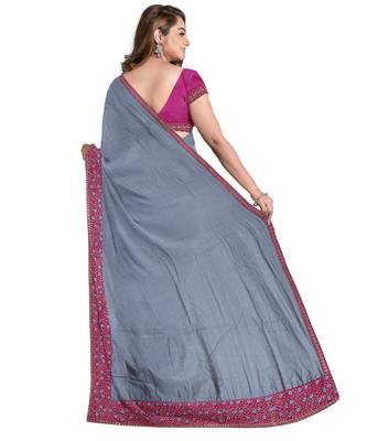 Grey embroidered silk blend saree with blouse 2