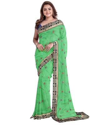 Green embroidered silk blend saree with blouse 1