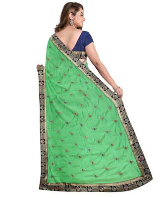 Green embroidered silk blend saree with blouse 2