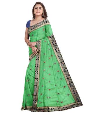 Green embroidered silk blend saree with blouse 3