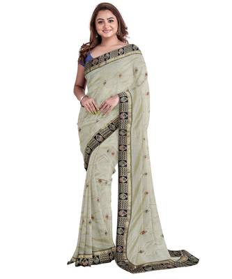 Off white embroidered silk blend saree with blouse 1