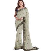 Off white embroidered silk blend saree with blouse
