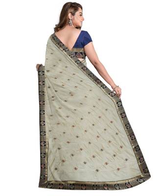 Off white embroidered silk blend saree with blouse 2