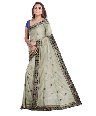 Off white embroidered silk blend saree with blouse 3