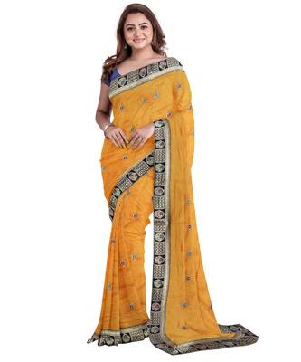Yellow embroidered silk blend saree with blouse 1