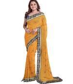 Yellow embroidered silk blend saree with blouse