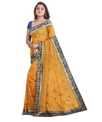 Yellow embroidered silk blend saree with blouse 3