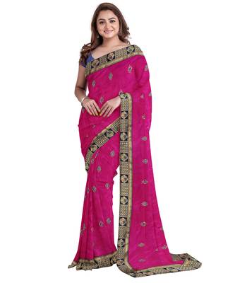 Pink embroidered silk blend saree with blouse 1