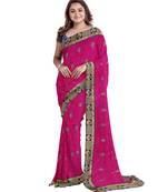 Pink embroidered silk blend saree with blouse