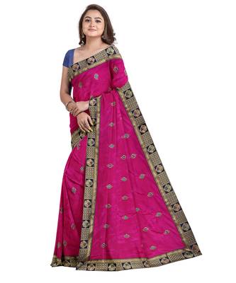 Pink embroidered silk blend saree with blouse 3