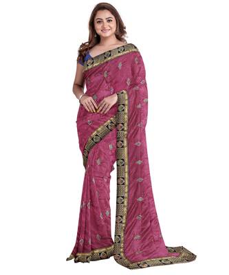 Light maroon embroidered silk blend saree with blouse 1
