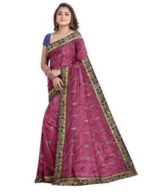 Light maroon embroidered silk blend saree with blouse 3