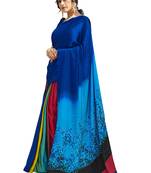 Blue printed satin saree with blouse