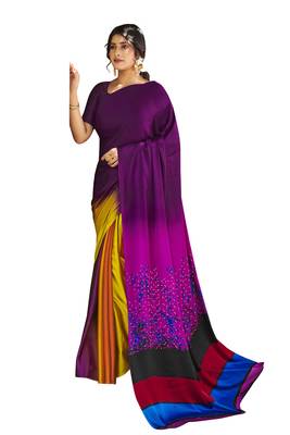 Purple printed satin saree with blouse 1