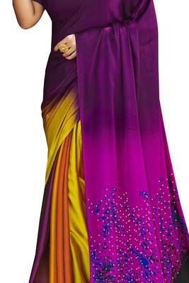 Purple printed satin saree with blouse 2