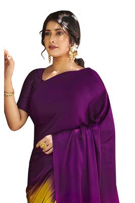 Purple printed satin saree with blouse 3