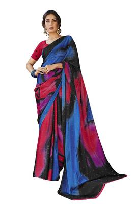 Pink printed satin saree with blouse 1