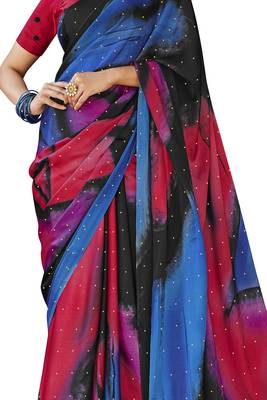 Pink printed satin saree with blouse 2