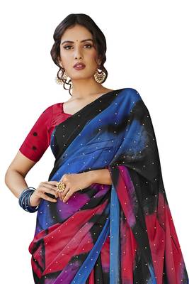 Pink printed satin saree with blouse 3