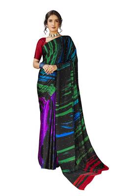 Purple printed satin saree with blouse 1