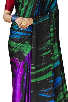 Purple printed satin saree with blouse 2