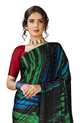 Purple printed satin saree with blouse 3
