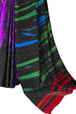 Purple printed satin saree with blouse 5