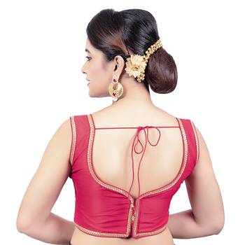 Red Plain Raw Silk Stone Work Lace Princess Cut Padded Sleeveless Readymade Saree Blouse 7