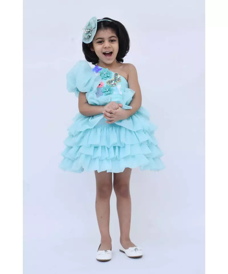 Blue Organza One Off Shoulder Style Frock