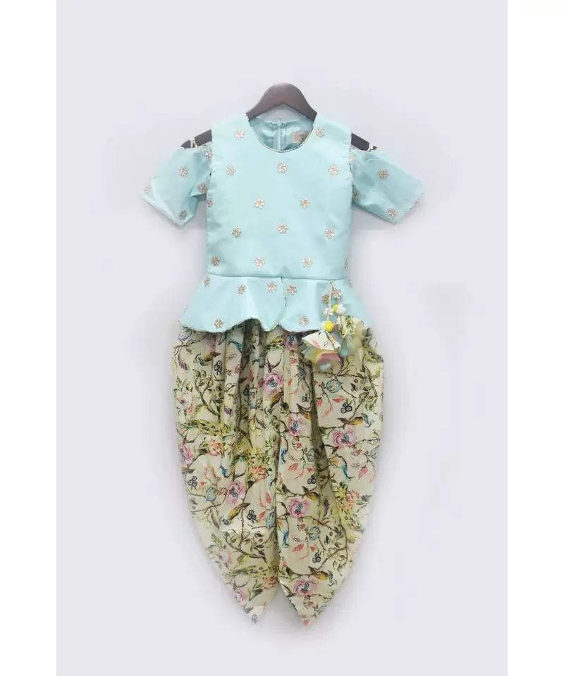 Blue Peplum with Printed Dhoti