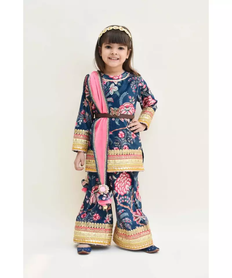 Blue Velvet Printed Kurti Sharara Set