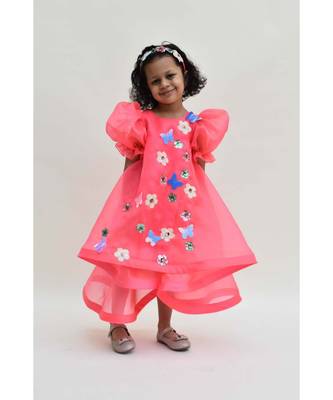 Blue Organza And Pink Printed Dress 1