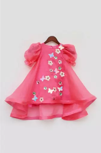Blue Organza And Pink Printed Dress