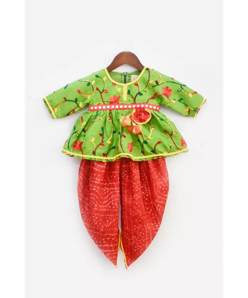 Green Embroidery Peplum with Red Dhoti