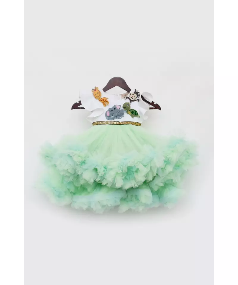 Off white and Green Net Flair High Low Dress
