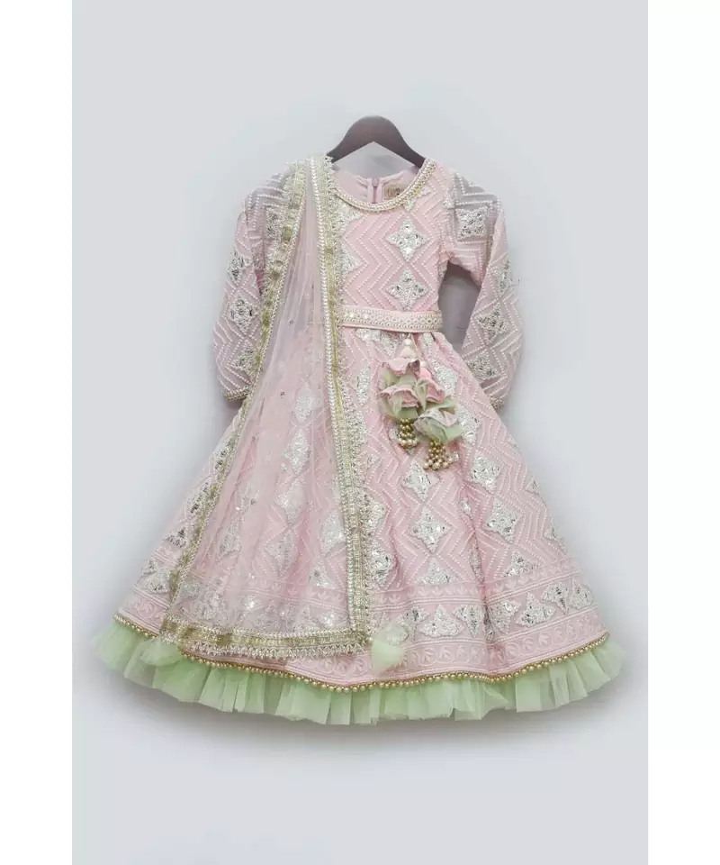 Pink Gotta Anarkali with Green Net Frills