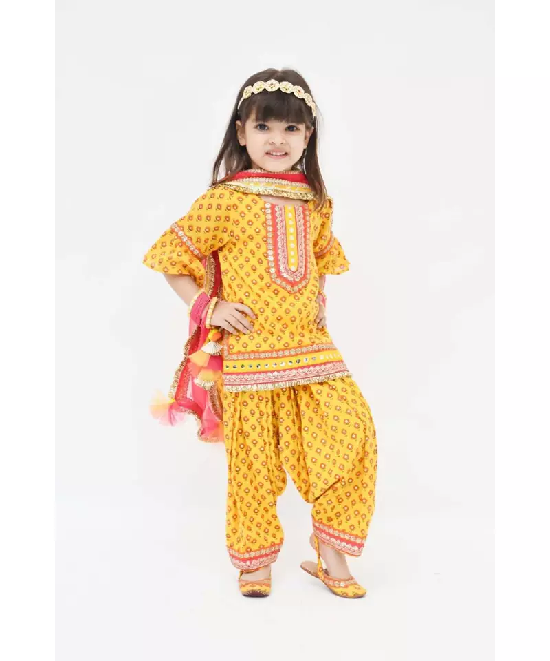 Yellow Printed Kurti Salwar with Pink Dupatta