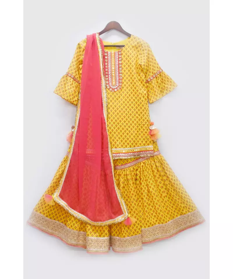 Yellow Printed Kurti Sharara Set
