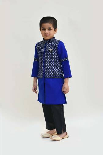 Blue And Black Embroidery Ajkan With Black Pant Set