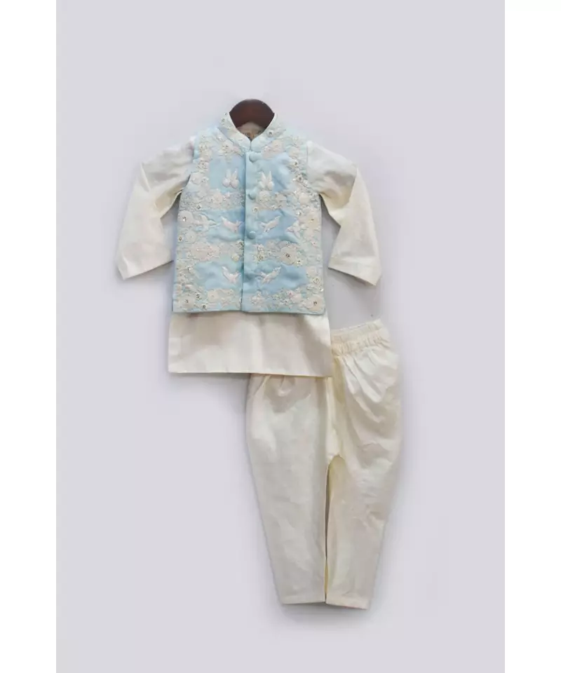 Blue Embroidery Jacket with Off White Kurta Chudidar