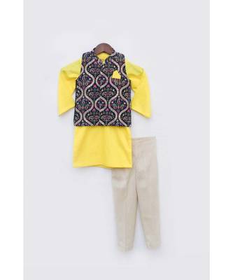 Blue Velvet Embroidered Jacket With Yellow Kurta Set For Boys 1