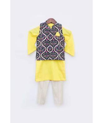 Blue Velvet Embroidered Jacket With Yellow Kurta Set For Boys 2