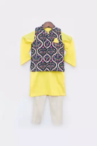 Blue Velvet Embroidered Jacket With Yellow Kurta Set For Boys